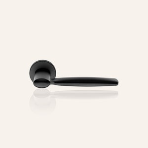 May include: A black door handle with a rounded lever and a round base.