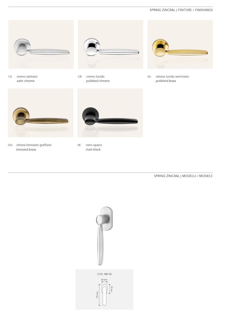 May include: A set of door handles in various finishes, including satin chrome, polished chrome, polished brass, bronzed brass, and matt black. The handles are shown in a close-up view. The text "COD. 480 SK" is visible in the image.