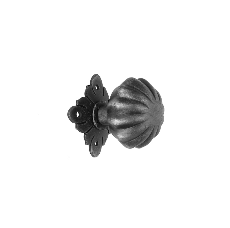 May include: Black metal door knob with a fluted design. The knob has a decorative backplate with a floral pattern.