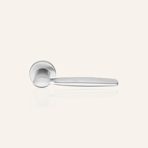 May include: A silver door handle with a round base and a long, straight lever.