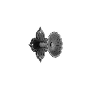 May include: Black metal wall hook with a decorative flower design. The hook has a round, scalloped edge and a smaller flower design in the centre.