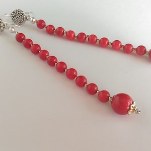 Red coral earrings Long dangling earrings Handmade jewellery Summer earrings Contemporary jewelry,