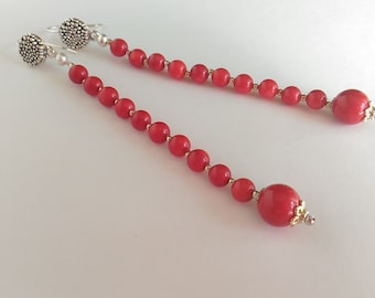 Red coral earrings Long dangling earrings Handmade jewellery Summer earrings Contemporary jewelry,