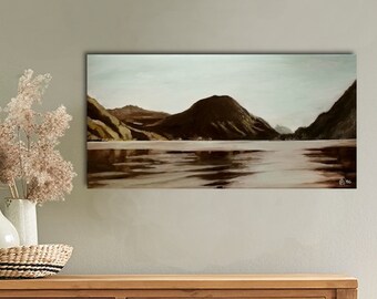 painting with sunset on lake oil on canvas one piece average size 11.8x23.6 in - 30 x 60 cm