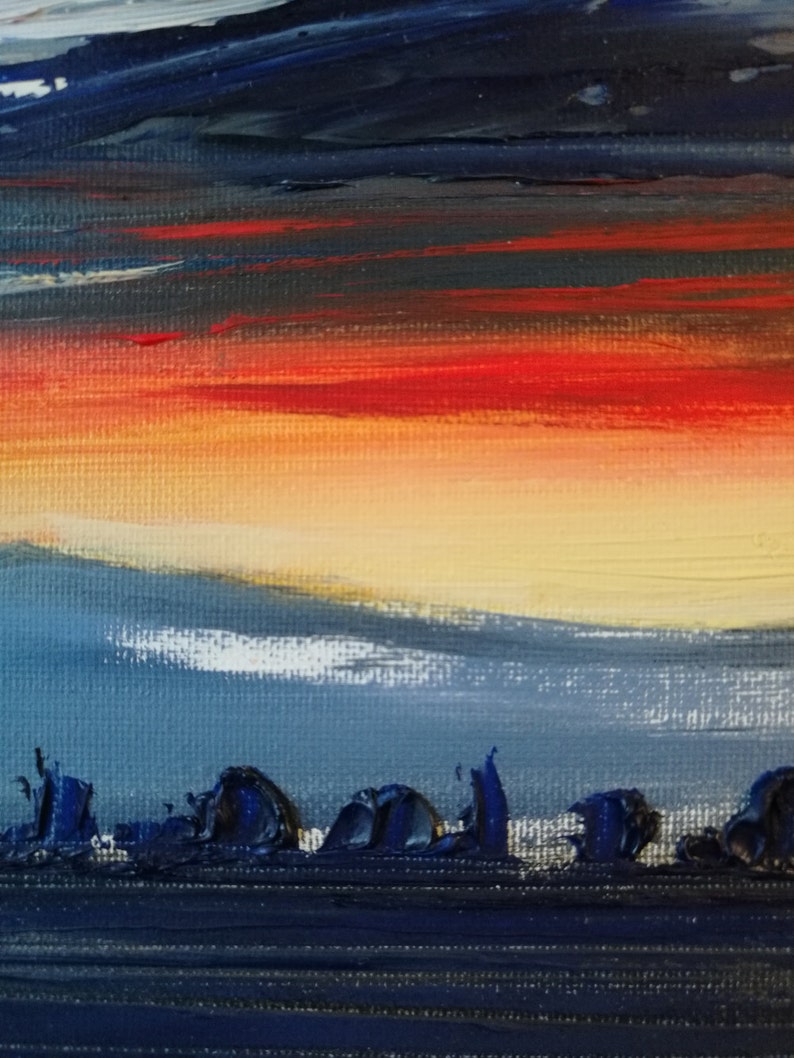 painting with plain and hills at sunset oil on canvas single small 11.8x11.8 in 30 x 30 cm image 5