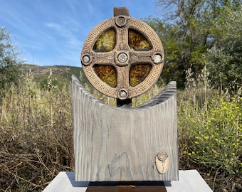 Celtic-inspired Ceramic and Glass Sculpture on Wood and Steel Base