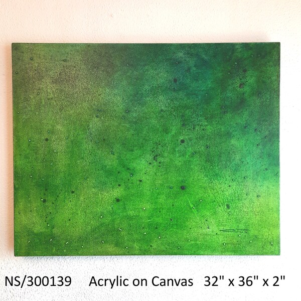 Abstract painting. Acrylic on canvas. Modern wall art 33" x 26". (thickness 2"). Finished edges, no frame needed. Green tones.