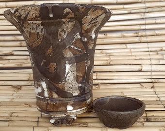 Bonsai cascade pot. Stoneware, handmade brown and black, 6 1/2" diameter x 6 3/4" height. Extra pot bonus.