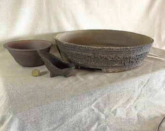 Bonsai pot trio. Stoneware, handmade, big unglazed tray, bungin & rare mini pot.