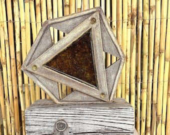 Contemporary Geometric Ceramic Sculpture - Glass Inlays, Amber Center, Unique Composition