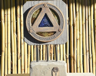 Ceramic Triangle in Circle Sculpture on Wood and Concrete Base.