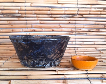 Bonsai pot set. Stoneware, handmade blue and black pots, 6 3/4" x " x 3 3/8". Extra accent pot bonus.