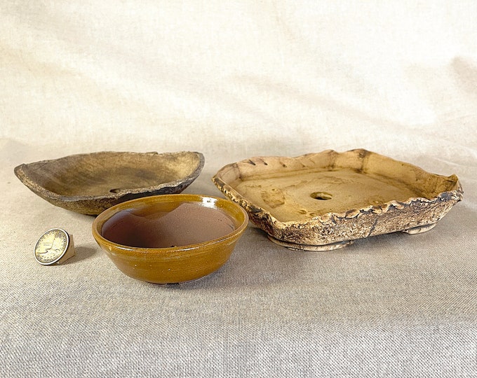 Featured listing image: Handcrafted Bonsai Trio Set. Accent pot, Kusamono pot & bonsai tray 8" x 8" x 1.5".