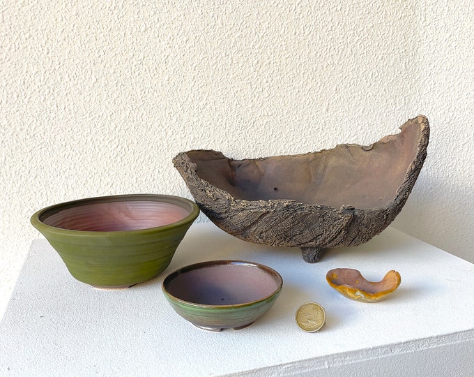 Featured listing image: Set of unique handmade bonsai pots | including Ku Rama pot, Bungin pot, Accent, and Mini Ku Rama pot.