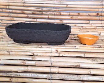 Bonsai tray and accent pots set. Stoneware handmade black and orange pots, tray 9 1/4" x 6 1/8". 2 1/8"h.