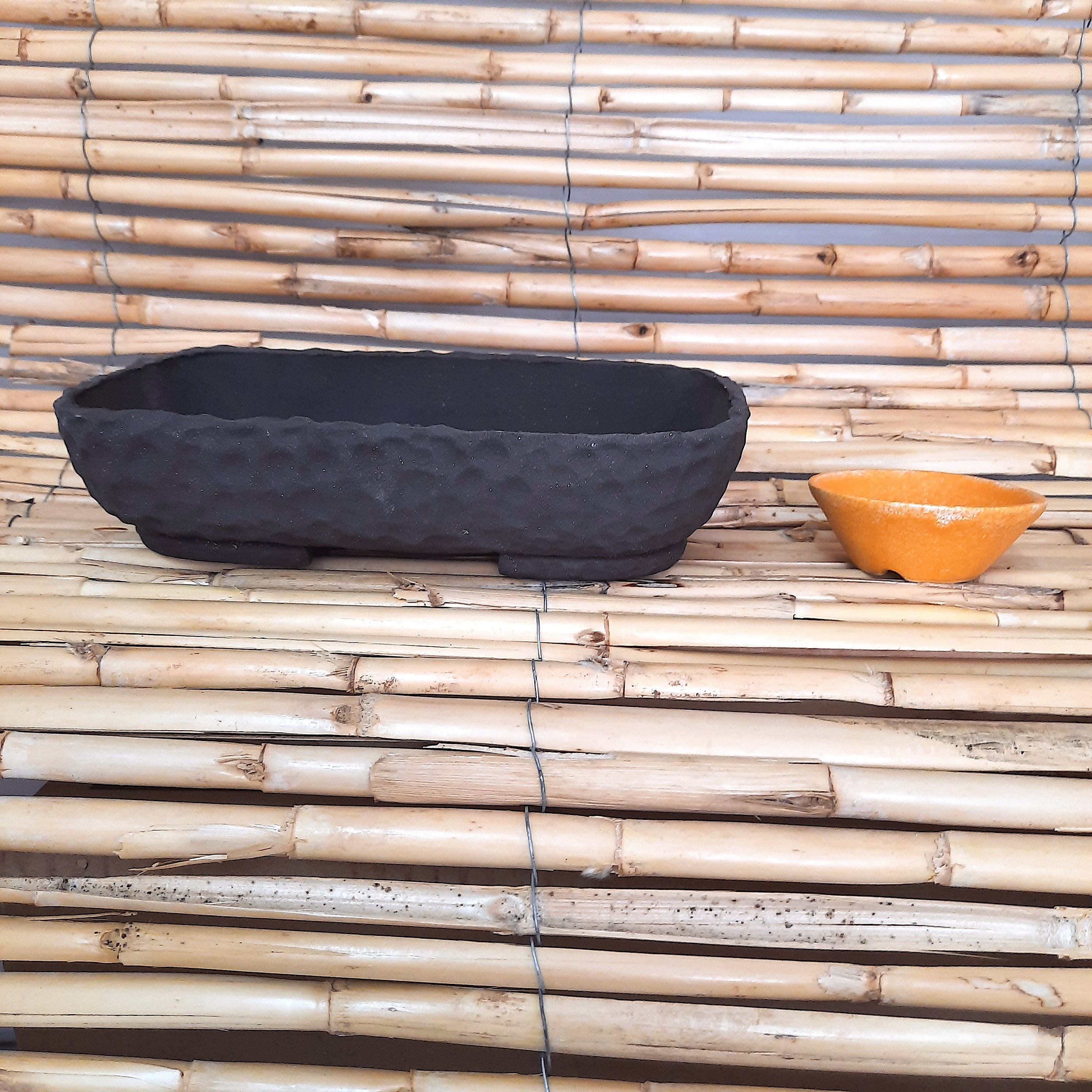 Bonsai tray and accent pots set. Stoneware handmade black and orange pots, tray 9 1/4 x 6 1/8. 2