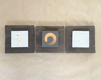 Recycled Wood Wall Decor. Abstract Style. Stoneware square over wood panel. 9" x 9" (with frame)