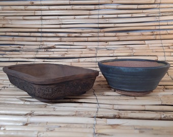 Bonsai tray. Stoneware, handmade brown and black, 9 1/8" x 6 5/8" x 2". Extra pot bonus.