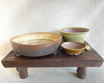 Exclusive Handcrafted Bonsai Pot Set | Textured Reddish-Tan, Glazed Green Bunjin, Caramel Glazed Accent