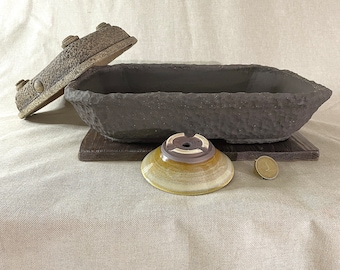 Bonsai pot trio. Stoneware, handmade, dark unglazed tray, beige unglazed tray & candy color accent. Recycled wood stand includes.