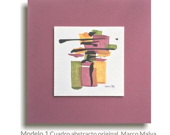 Acrylic abstract painting. Original handmade on wood.  Wall decor. Mauve red frame 29 x 29 x 1cm. Ready to hang.