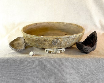 Handcrafted Bonsai Tray Set - 15.1" Diameter, Beige with Green Earth Tones - One-of-a-Kind Design by Spanish/Venezuelan Artist.