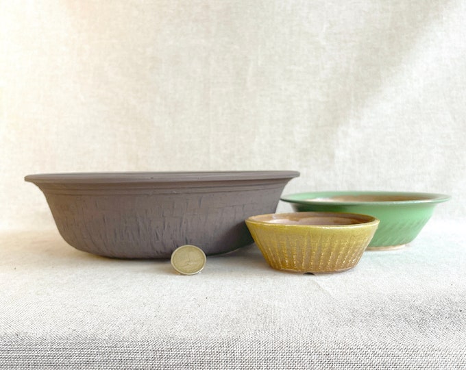 Featured listing image: Handcrafted Bonsai Pot Trio | Textured Brown, Green Glazed Bunjin, Caramel Glazed Accent