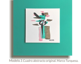 Acrylic abstract painting. Original handmade on wood.  Wall decor. Turquoise green frame 11 3/8" x 11 3/8" x 1/2". Ready to hang.