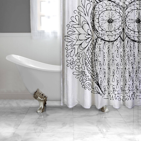 owl shower curtain black and white