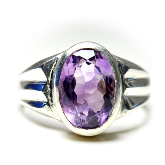 Genuine Amethyst Ring Sterling Silver For Men February Chakra Healing Bezel Style Size 5,6,7,8,9,10,11,12