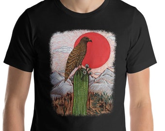 Desert Hawk T-shirt unisex - arte puntinismo - opera d'arte falco - opera d'arte del deserto - maglietta tatuaggio - opera d'arte disegnata a mano - opera d'arte di cactus