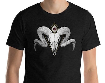 Ram Skull Short-Sleeve  T-Shirt - unisex shirt - Aries zodiac shirt -  skull tattoo art -  all seeing eye - ram skull design