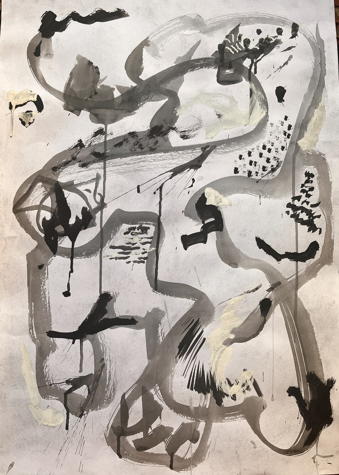 Black and White Original Abstract Expressionist Artwork 50x70cm, One of