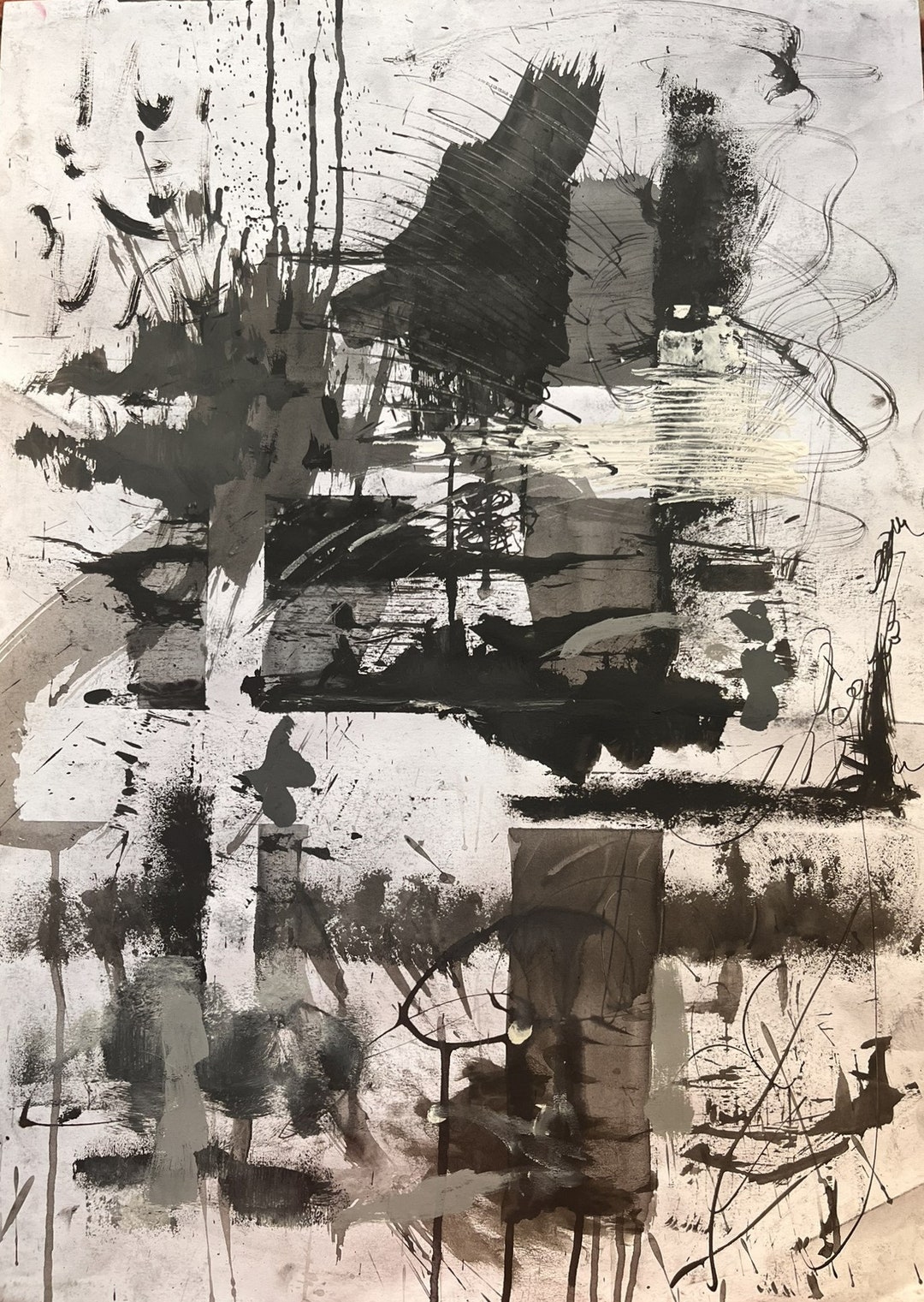 Black and White Original Abstract Expressionist Artwork 50x70cm, One of