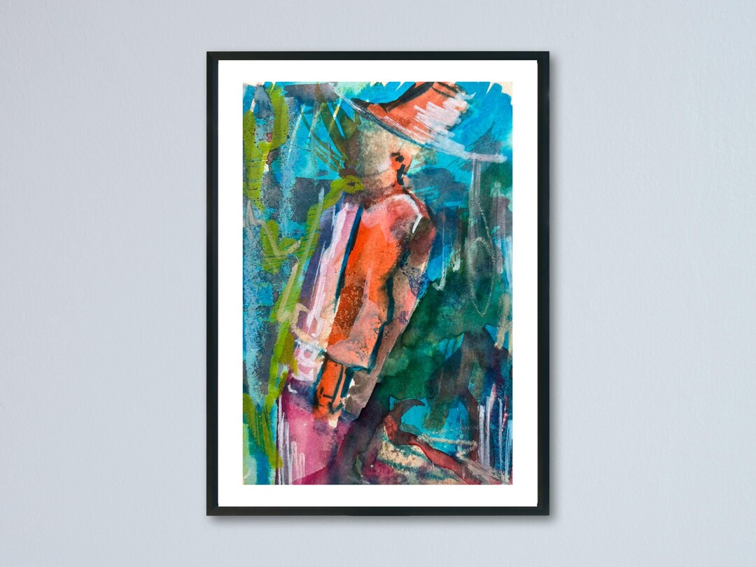 Abstract Male Figure Art Print Α4, Blue Modern Wall Decor, Vibrant ...