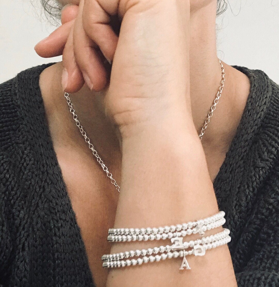 Silver Beaded Letter Bracelet, Initials Bracelet, Sterling Silver Beads