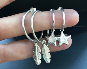 Feather earrings, big silver hoops, Handmade silver hoop and feather earrings, stud hoop earrings, easy fit hoops, silver feather charms