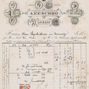 May include: A vintage invoice from Azeschko in Laibach, dated 16. April 1901. The invoice is for Hans Stayrleithner in Eisenerz for 5/1, 5/11, and 5/14 with a total of 43.65.