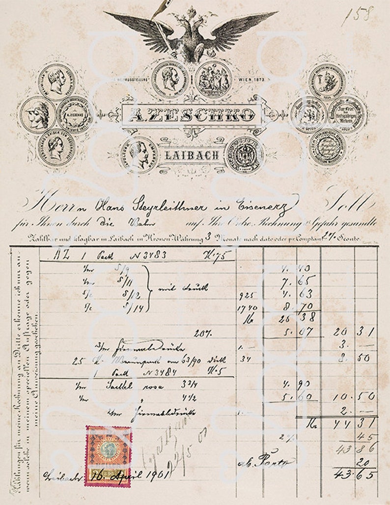 May include: A vintage invoice from Azeschko in Laibach, dated 16. April 1901. The invoice is for Hans Stayrleithner in Eisenerz for 5/1, 5/11, and 5/14 with a total of 43.65.