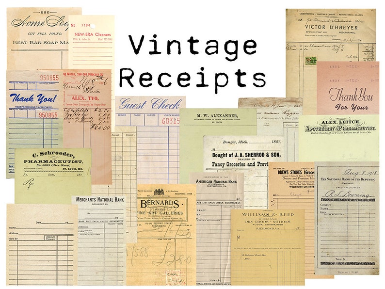 digital vintage receipts printable ephemera vintage guest etsy