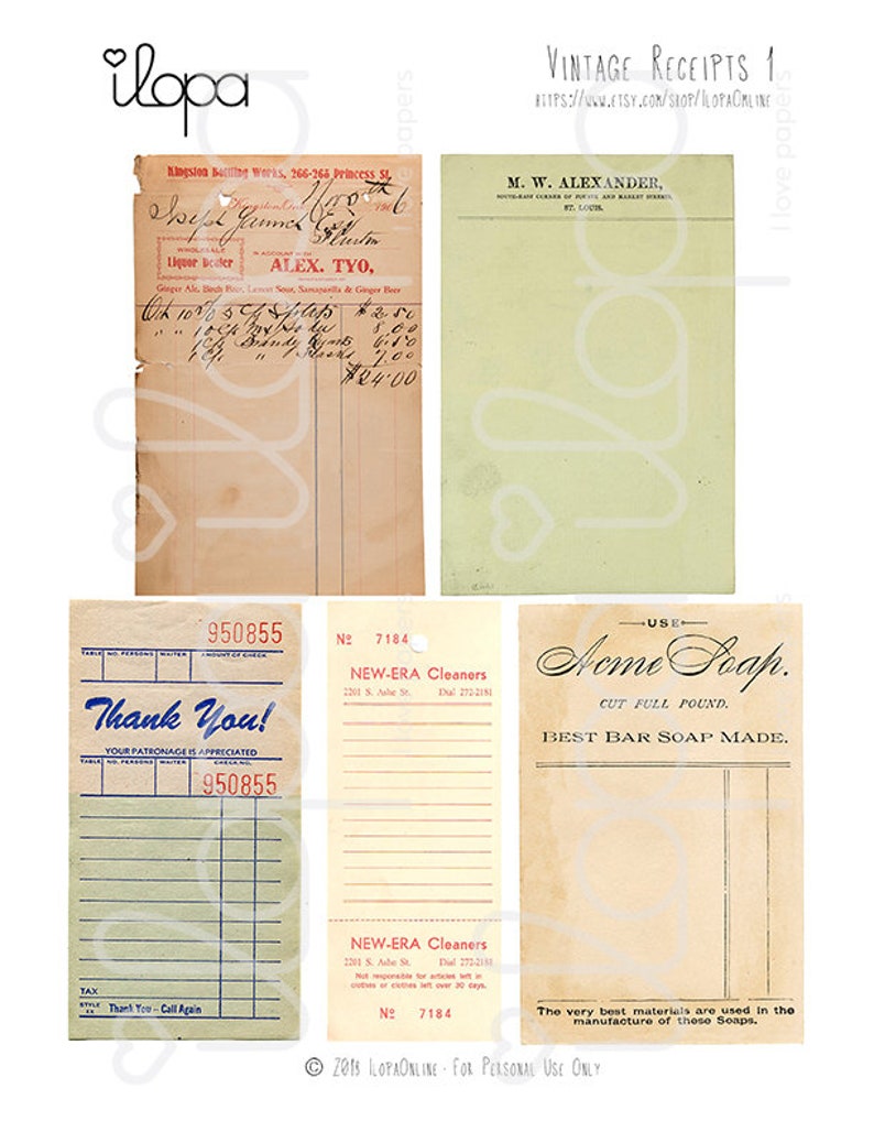 digital vintage receipts printable ephemera vintage guest