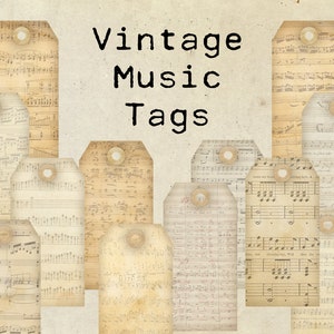 Digitale Vintage muziek Tags-afdrukbare Tags met muziek notities achtergrond om te verfraaien ongewenste tijdschriften en papier ambachten