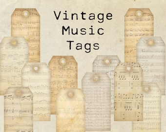 Digital Vintage Music Tags - Printable tags with music notes background to embellish Junk Journals and Paper Crafts