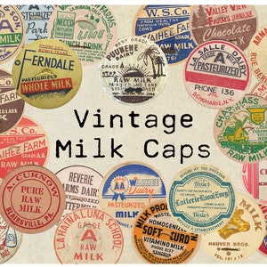 Digital Vintage Milk Bottle Caps Ephemera Collage Sheet 2&quot; circle