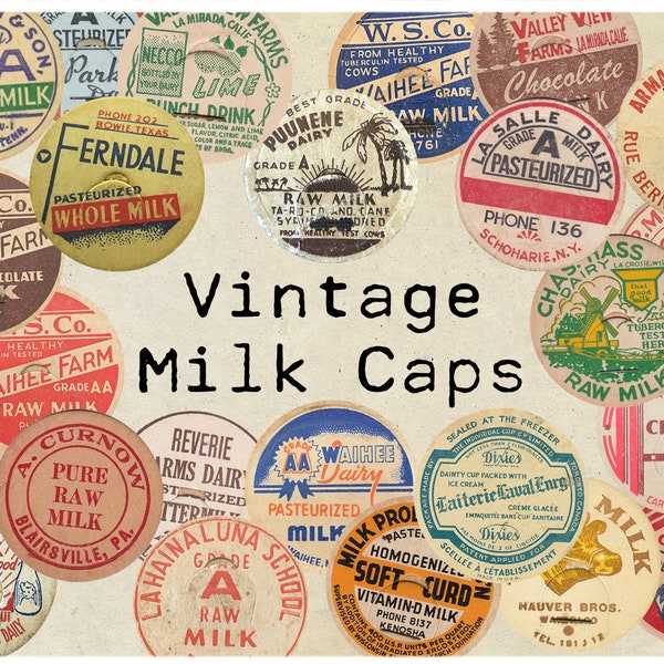 Digital Vintage Milk Bottle Caps Ephemera Collage Sheet 2 "circle