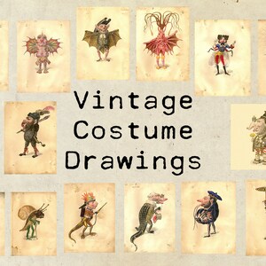 Digital Vintage Costume Drawings Ephemera Collage Sheet
