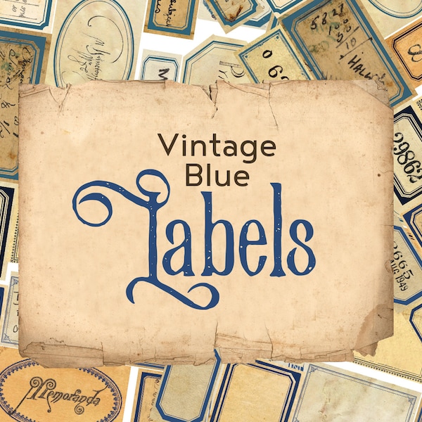 Digital Vintage Style Labels - blank, with numbers or text - color blue