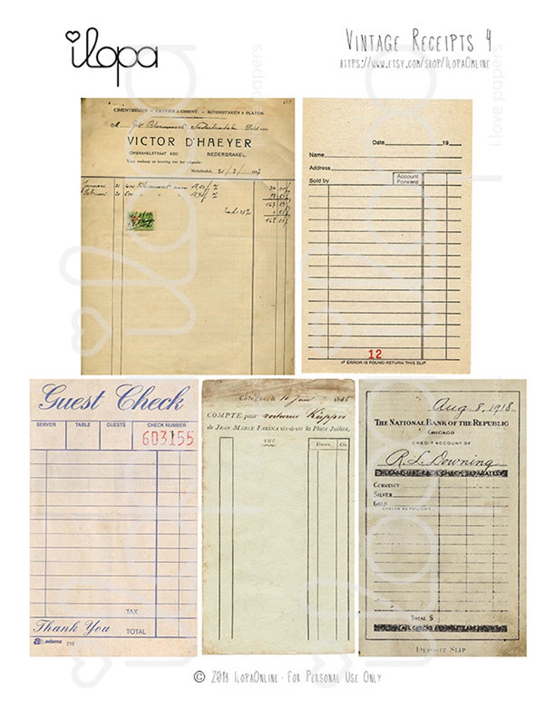 digital vintage receipts printable ephemera vintage guest etsy