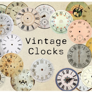 Puede incluir: Una colección de esferas de relojes vintage en varios estilos y colores. Las esferas de los relojes están dispuestas en círculo sobre un fondo beige con el texto "Vintage Clocks" en el centro.