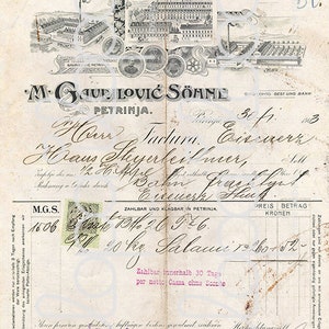 May include: A vintage receipt from a Croatian salami, smoked meat, and fat products factory called "Erste Kroatische Salami, Selch und Fettwaren-Fabrik M. Gavrilovic Soehne" in Petrinja. The receipt is dated 1903 and is addressed to Herr Turdum, a butcher in Graz, Austria. The receipt shows a total of 20 kg of salami for 5.20 Kronen.